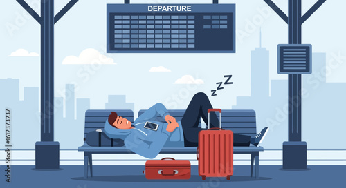 Man Sleeping On Bench In Airport Terminal While Waiting For His Flight