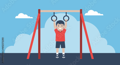 Illustration of a joyful boy hanging from gymnastic rings at playground under blue sky