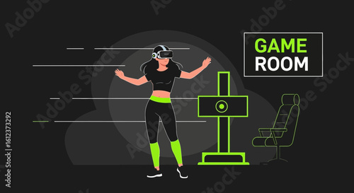 Immersive Virtual Reality Experience: A Woman Exploring a Game Room with VR Headset