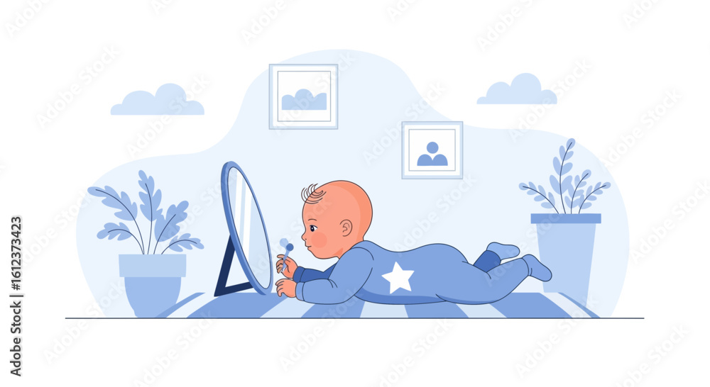 Obraz premium Infant Discovers Reflection Lying Front Of Mirror In Room With Blue Tones
