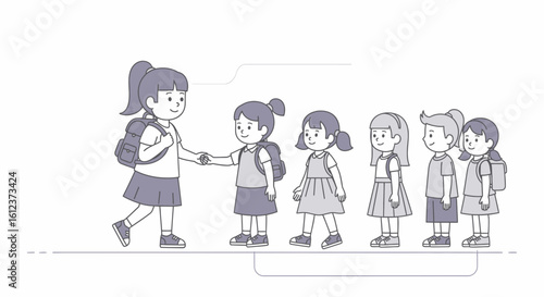 Line Of Students Welcoming A New Girl To The School With Kindness