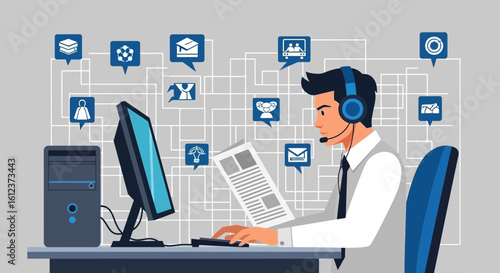 Man Working From Home With Computer And Connecting Application Icons