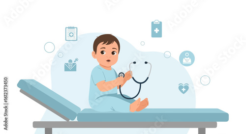 Infant Doctor Engages With Stethoscope On Pediatric Examination Table In Office