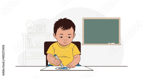 Little Artist Concentrating On Drawing At The Table With School Equipment Behind