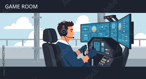 Illustration of a man operating a flight simulator in a modern game room setting