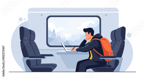 Man Working on Laptop Inside Train Enjoying Travel Journey and Landscape View