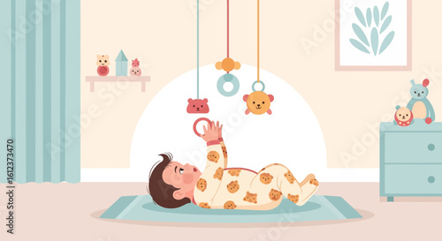 Infant Engaged In Playful Activity With Hanging Toys In Nursery Room
