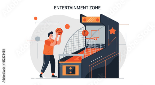 Illustration of a man playing basketball arcade game in entertainment zone