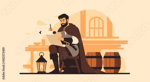 Medieval Scribe At Work Writing On Parchment With A Quill In A Cozy Tavern