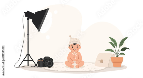 Infant Photography Studio Setup with Baby, Camera and Soft Lighting Illustration