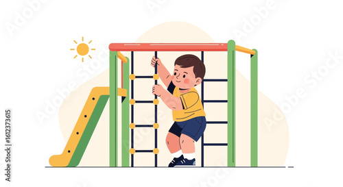 Little Boy Climbing On Playground Equipment With Slide In Sunny Day