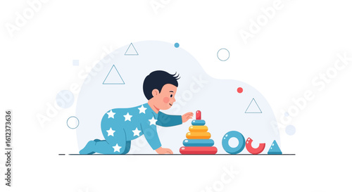 Little Boy Develops Motor Skills Stacking Colorful Toy Pyramid In Nursery Room