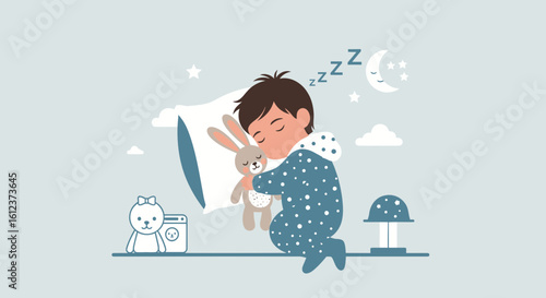 Little Boy Deeply Sleeping With His Plush Bunny Illustration In Blue Style