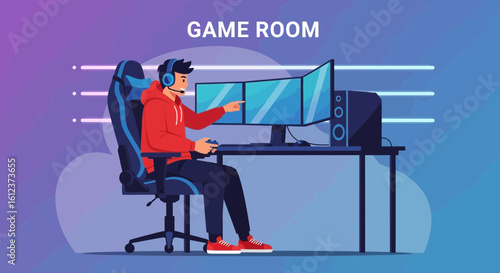 Modern Gamer Playing Video Games On Computer In Gaming Room Vector