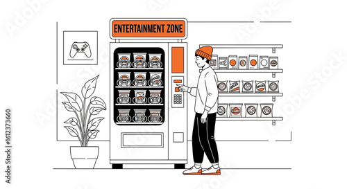 Illustration of a person using a vending machine in an entertainment area with snacks and games