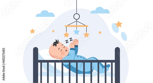 Infant Sweetly Sleeping In Crib With Mobile During Peaceful Nap Time