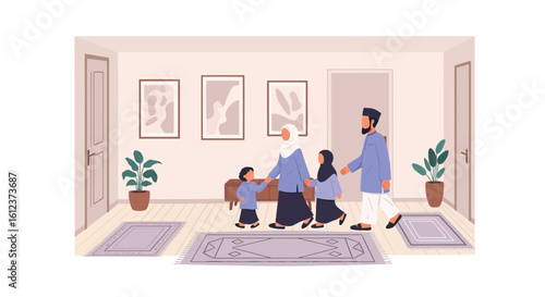 Modern Muslim Family Walking Through Living Room Interior Together