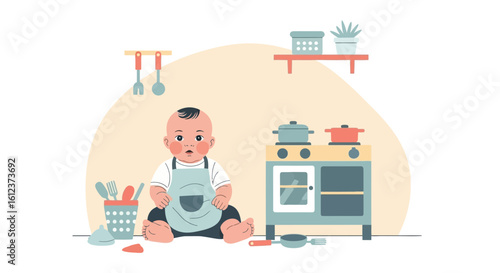 Infant's Culinary Adventure An Adorable Baby Chef Plays With A Toy Kitchen