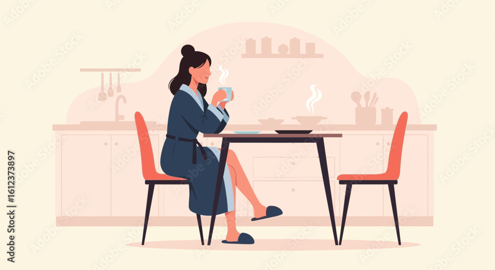 Fototapeta premium Morning Serenity Woman Enjoying Hot Drink In Kitchen Flat Vector Illustration