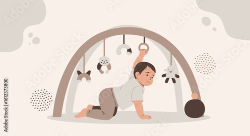 Innocent Toddler Enjoying Tummy Time Under Play Gym With Adorable Hanging Toys