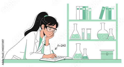 Illustration of a scientist woman doing research in a laboratory setting with flasks and books on a shelf
