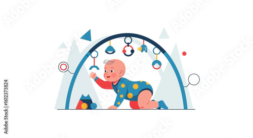 Inquisitive Infant Crawling Underneath a Colorful Baby Gym and Toy Arch