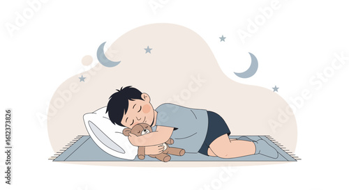 Illustration of a serene child sleeping peacefully with a teddy bear under a starry night sky representing childhood innocence and rest
