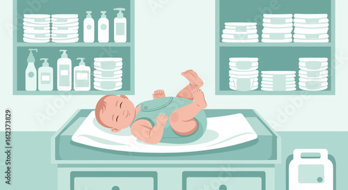 Illustration of a serene baby lying on a changing table in a nursery room setting