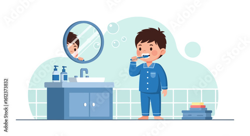 Morning Routine Boy In Pajamas Brushing Teeth In Bathroom Illustration