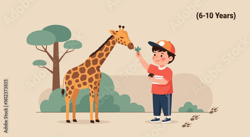 Little Boy Offers Fresh Leaf to Giraffe in a Playful and Lighthearted Illustration