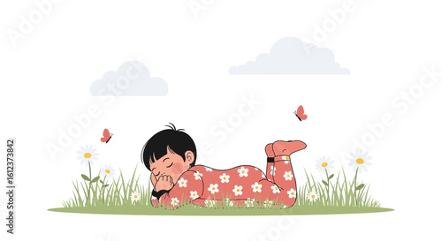 Illustration of a serene sleeping baby surrounded by daisies, butterflies and soft clouds, evoking peacefulness and innocence