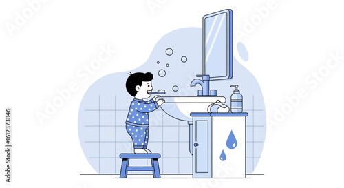 Morning routine illustration of a child brushing teeth in bathroom setting with mirror