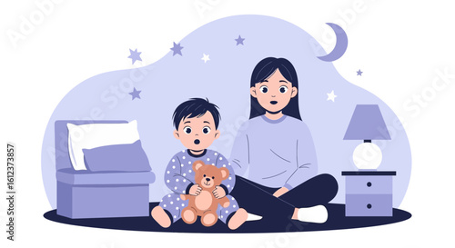 Mother And Child Bonding Over Bedtime Story Illustration Nighttime Scene