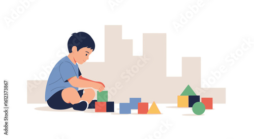 Little Boy Plays With Colorful Building Blocks Indoors Flat Vector Design