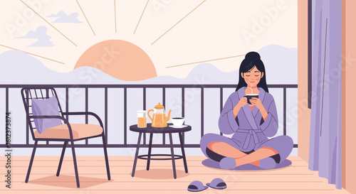 Morning Serenity Woman Relaxing With Coffee On Balcony At Sunrise