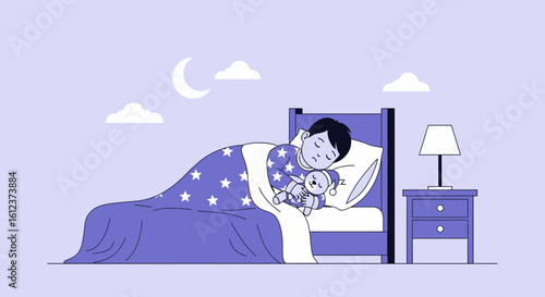Illustration of a sleeping boy with his teddy bear in a cozy bedroom setting
