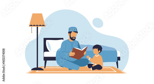 Muslim Father Reads Bedtime Story To His Son Before Sleep in Modern Living Room