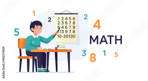 Illustration of a student learning math in a classroom with numbers and equations