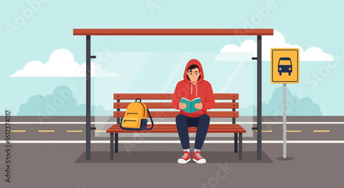 Illustration of a student reading a book at a bus stop waiting for transportation at a public transit location