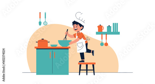 Little chef cooking in the kitchen, preparing food with a whisk and bowl, illustration of a happy child baker