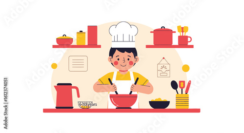 Little Chef Prepares Tasty Meal In the Kitchen with Different Utensils