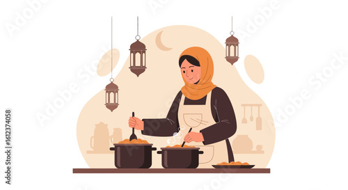 Muslim Woman Cooking Traditional Meal in Kitchen with Ramadan Lanterns