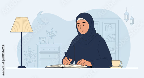 Muslim Woman Concentrating On Writing In Her Notebook At The Desk Inside Home