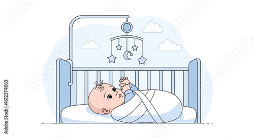Illustration Of A Swaddled Baby In A Crib With A Mobile And Clouds