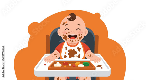 Joyful Baby Covered In Food Mess In Highchair During Feeding Time