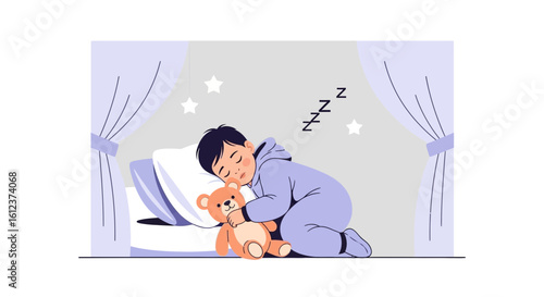 Illustration of a sweet baby boy sleeping soundly with his teddy bear friend