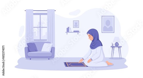 Muslim Woman In Hijab Praying In Her Living Room Illustration Art