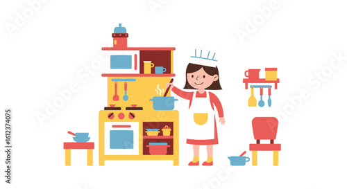 Little Chef Preparing Food In Toy Kitchen Enjoying Creative Playtime