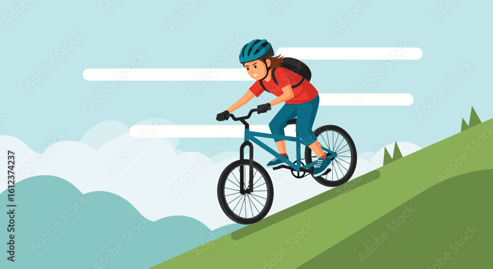 Obraz premium Illustration of a woman cycling on a mountain bike adventure in nature scenery with a helmet on her head for safety