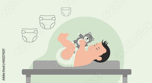 Newborn Baby On Changing Table With A Toy And Diapers Graphic Design
